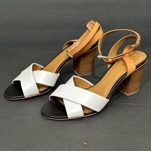 Coach Open Toe Heels Women's 9B White Brown Two Tone Crossover Ankle Strap